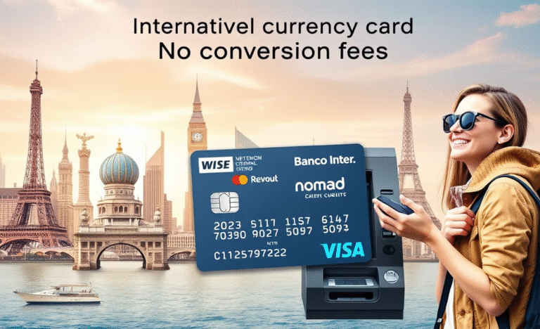 Imagem de um cartão internacional sem taxas de conversão com destaque para suas funcionalidades.