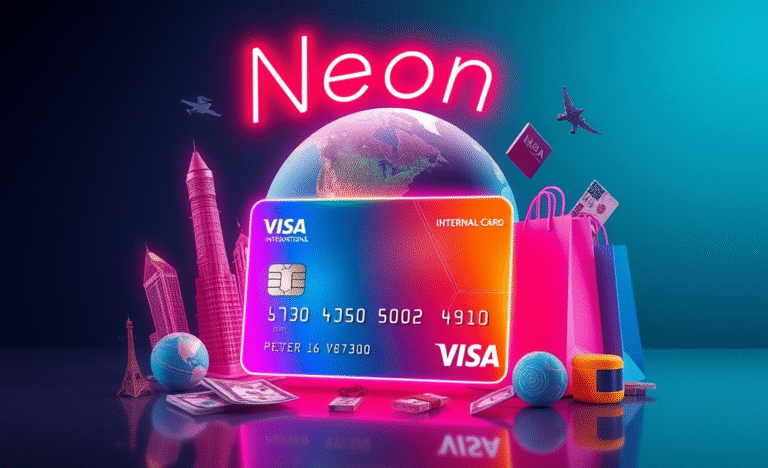 Imagem do Cartão Neon Visa Internacional destacando suas vantagens e design moderno.