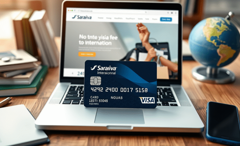 Imagem do Cartão Saraiva Visa Internacional, destacando seus benefícios e isenção de anuidade.